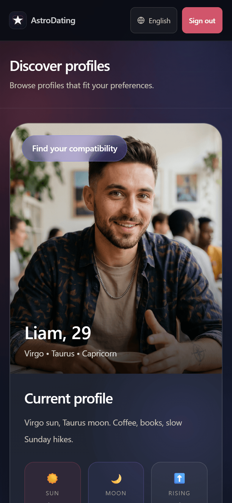 JUNO Discover screen — Liam, Virgo · Taurus · Capricorn